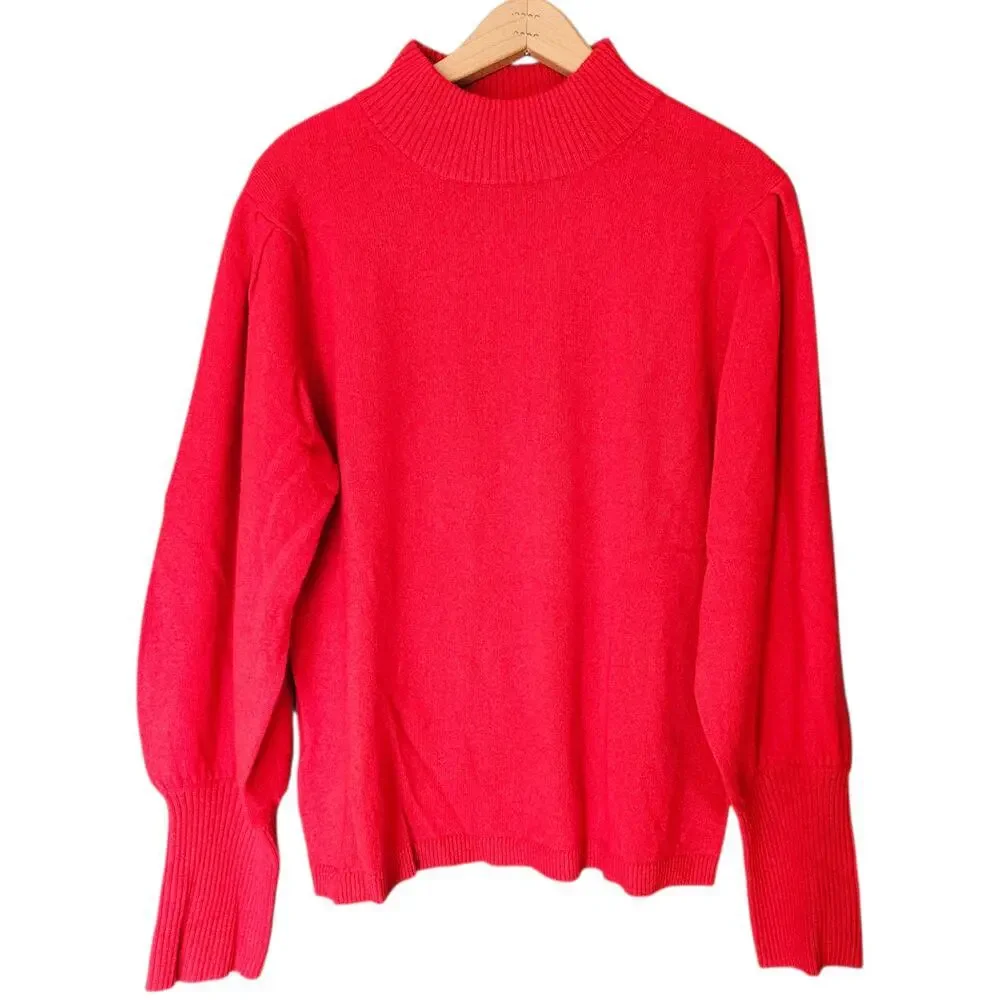 NWT Women's Ann Taylor Red Cashmere Mock Turtleneck Sweater Balloon Sleeves XL